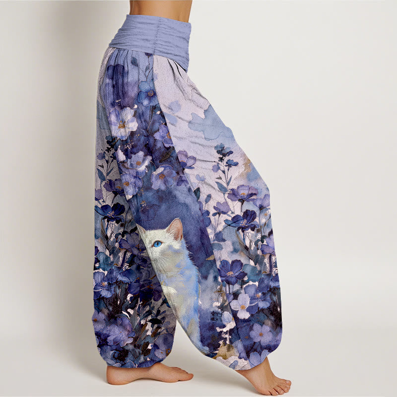 Buddha Stones Pantalones harem de mujer con cintura elástica, estampado floral de gato blanco y algodón puro para mujer. - image 10
