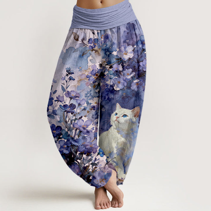 Buddha Stones Pantalones harem de mujer con cintura elástica, estampado floral de gato blanco y algodón puro para mujer. - Morado medio - US16，UK/AU20，EU48 (3XL) - image 8