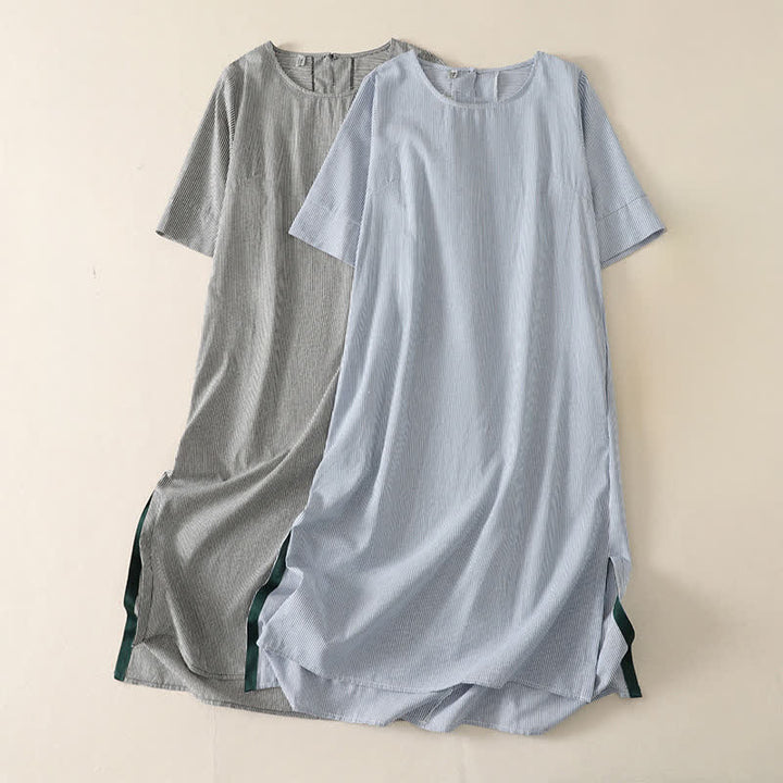 Buddha Stones Vestido de verano informal sencillo de manga corta a rayas con abertura lateral y bolsillo para mujer. - image 14