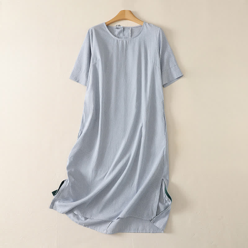 Buddha Stones Vestido de verano informal sencillo de manga corta a rayas con abertura lateral y bolsillo para mujer. - Azul claro - US14, UK/AU18, EU46 (2XL) - image 0