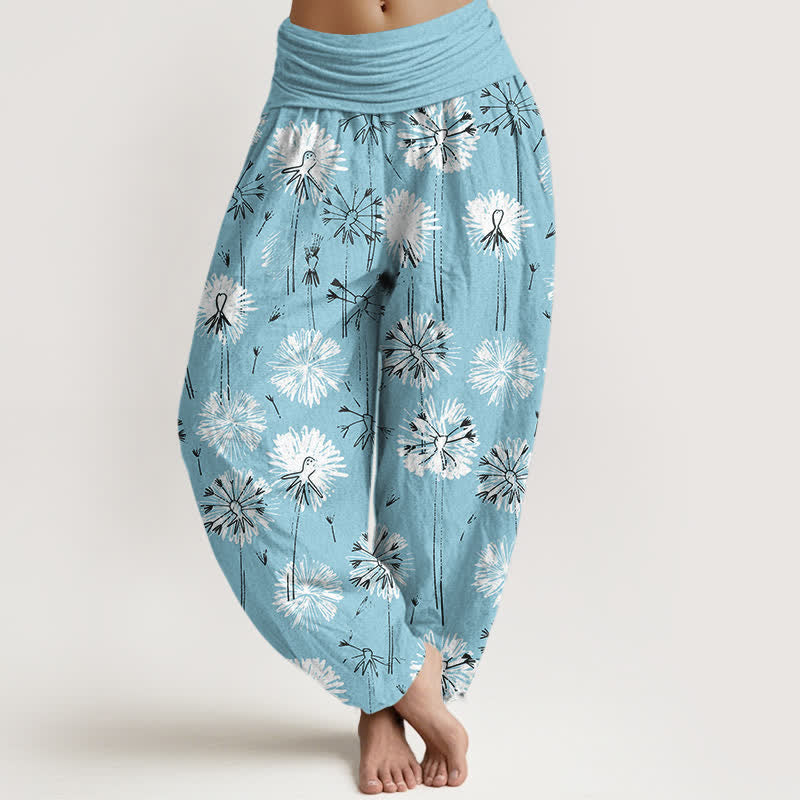 Buddha Stones Pantalones harem de mujer con cintura elástica y estampado de diente de león, de algodón puro. - Celeste - US16，UK/AU20，EU48 (3XL) - image 0