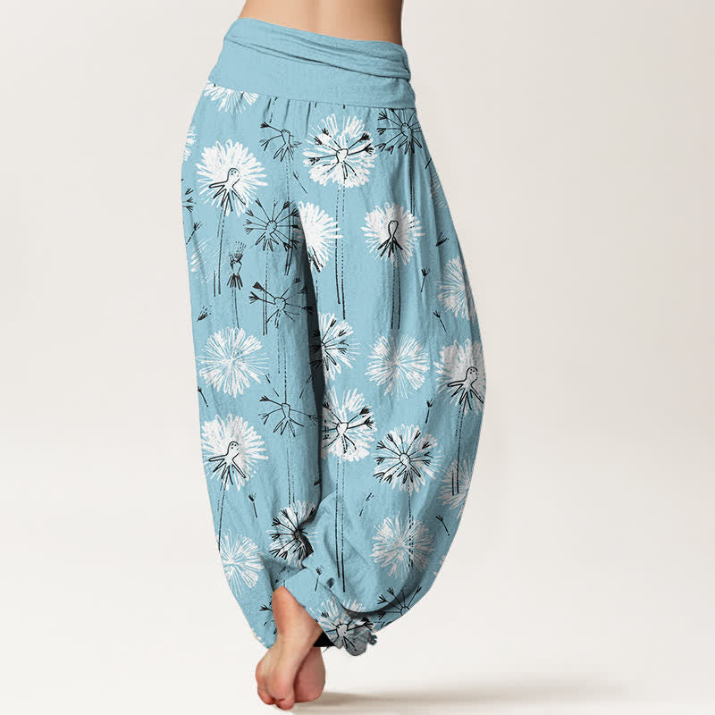 Buddha Stones Pantalones harem de mujer con cintura elástica y estampado de diente de león, de algodón puro. - image 1