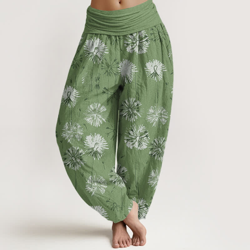 Buddha Stones Pantalones harem de mujer con cintura elástica y estampado de diente de león, de algodón puro. - Verde oliva - US16，UK/AU20，EU48 (3XL) - image 8