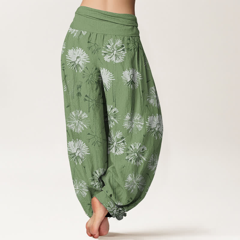 Buddha Stones Pantalones harem de mujer con cintura elástica y estampado de diente de león, de algodón puro. - image 9
