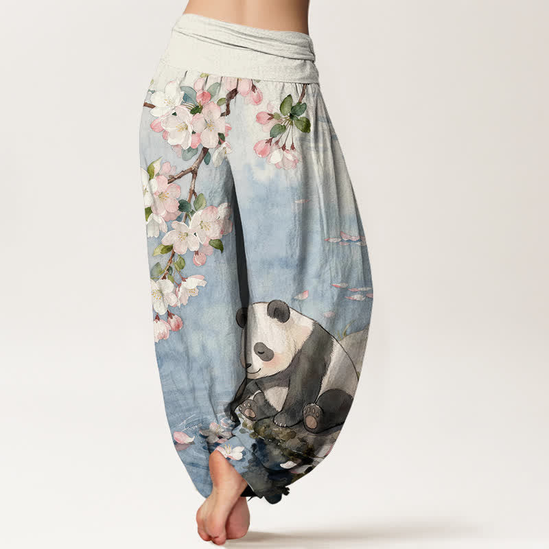 Buddha Stones Pantalones harem de mujer con cintura elástica y estampado de panda y flores de cerezo, de algodón puro. - image 1