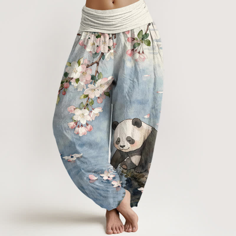 Buddha Stones Pantalones harem de mujer con cintura elástica y estampado de panda y flores de cerezo, de algodón puro. - Azul acero claro - US16，UK/AU20，EU48 (3XL) - image 0