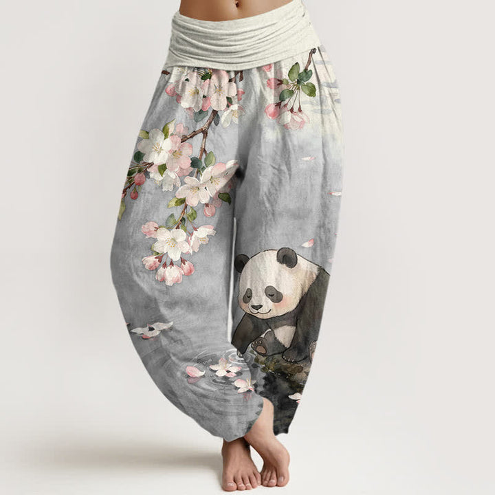 Buddha Stones Pantalones harem de mujer con cintura elástica y estampado de panda y flores de cerezo, de algodón puro. - Gris claro - US16，UK/AU20，EU48 (3XL) - image 5