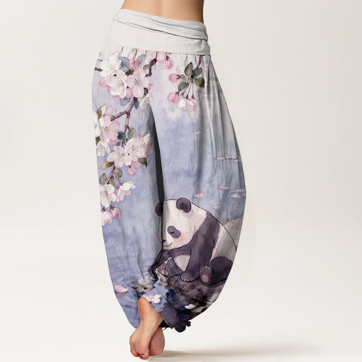 Buddha Stones Pantalones harem de mujer con cintura elástica y estampado de panda y flores de cerezo, de algodón puro. - image 9