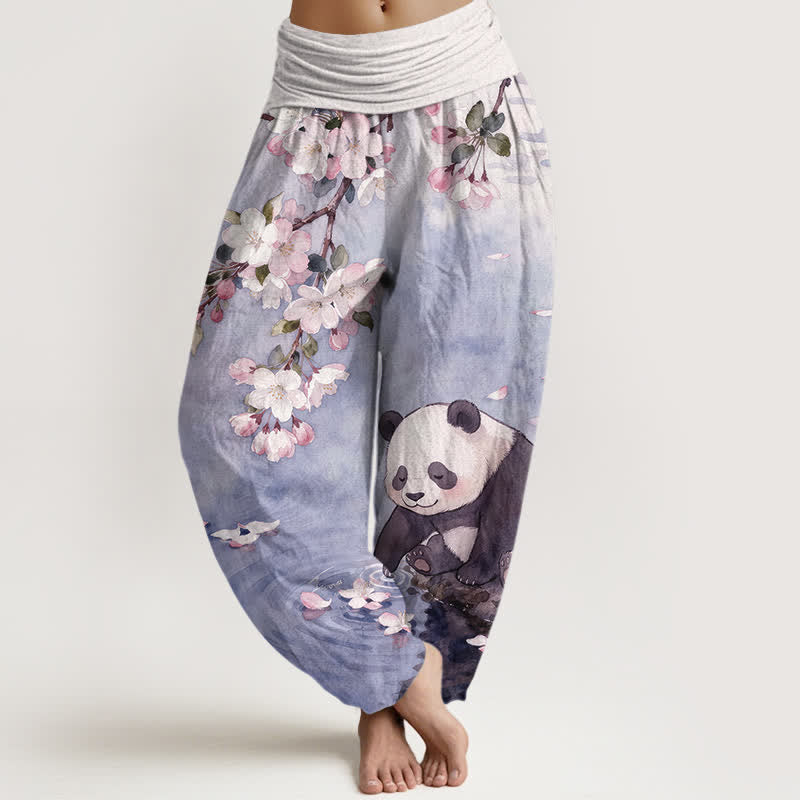 Buddha Stones Pantalones harem de mujer con cintura elástica y estampado de panda y flores de cerezo, de algodón puro. - Azul pizarra medio - US16，UK/AU20，EU48 (3XL) - image 8