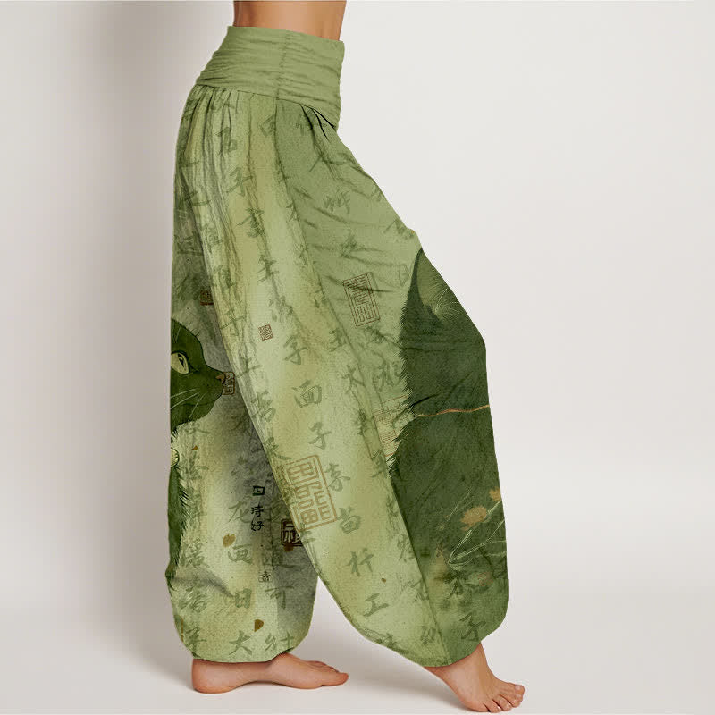Buddha Stones Pantalones harem de mujer con cintura elástica y estampado de caligrafía de gato negro, de algodón puro. - image 10
