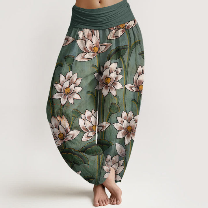 Buddha Stones Pantalones harem de mujer con cintura elástica y estampado de flor de loto, de algodón puro. - Verde mar claro - US16，UK/AU20，EU48 (3XL) - image 0