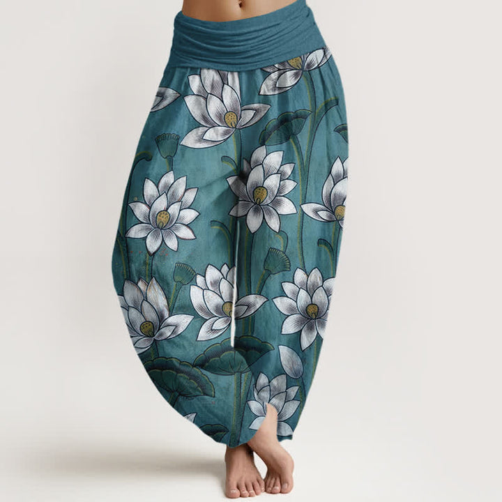 Buddha Stones Pantalones harem de mujer con cintura elástica y estampado de flor de loto, de algodón puro. - Azul acero - US16，UK/AU20，EU48 (3XL) - image 5