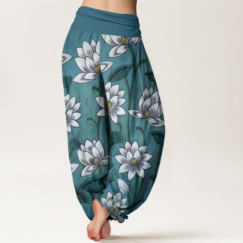 Buddha Stones Pantalones harem de mujer con cintura elástica y estampado de flor de loto, de algodón puro. - image 6