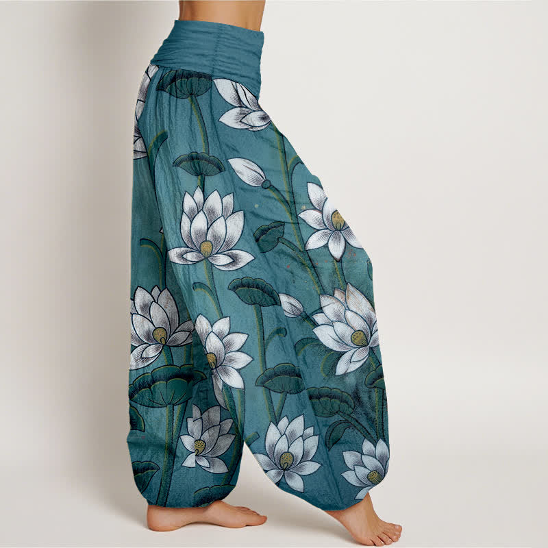 Buddha Stones Pantalones harem de mujer con cintura elástica y estampado de flor de loto, de algodón puro. - image 7