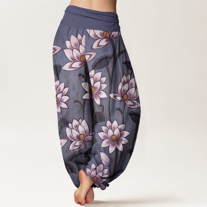 Buddha Stones Pantalones harem de mujer con cintura elástica y estampado de flor de loto, de algodón puro. - image 10