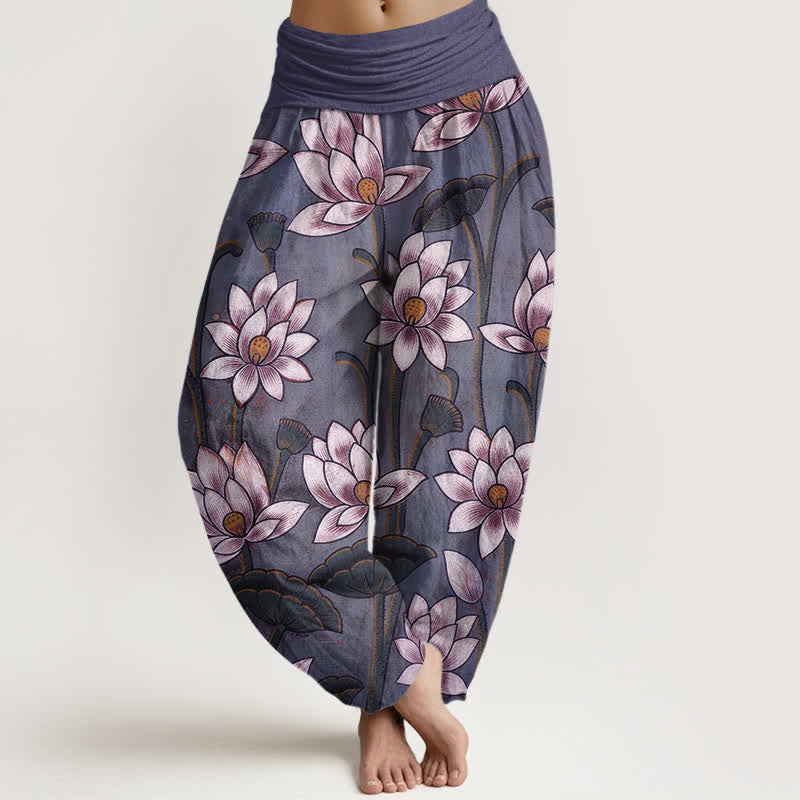 Buddha Stones Pantalones harem de mujer con cintura elástica y estampado de flor de loto, de algodón puro. - Orquídea Oscura - US16，UK/AU20，EU48 (3XL) - image 8
