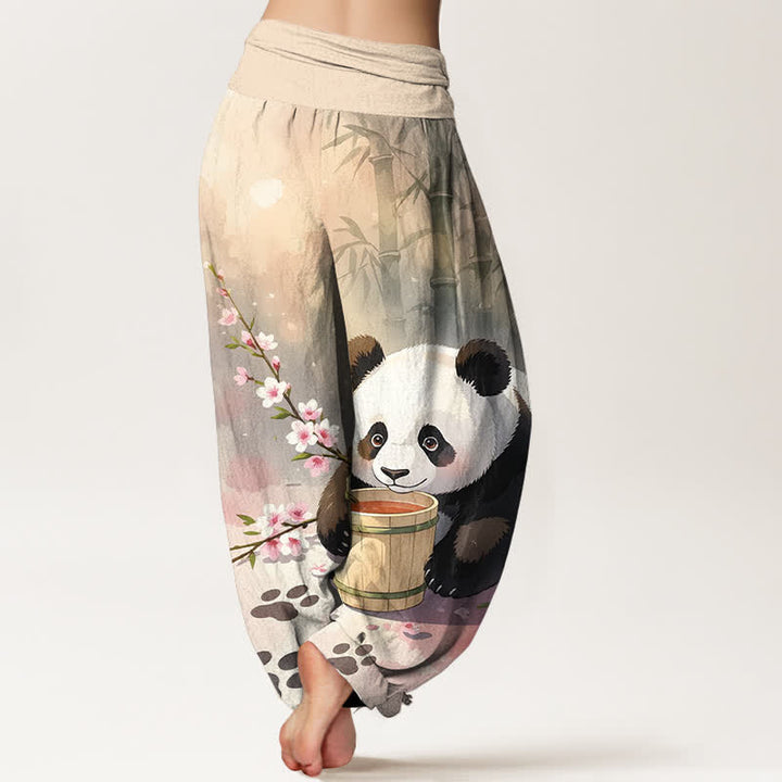 Buddha Stones Pantalones harem de algodón puro con estampado de panda y flores de bambú para mujer con cintura elástica. - image 1