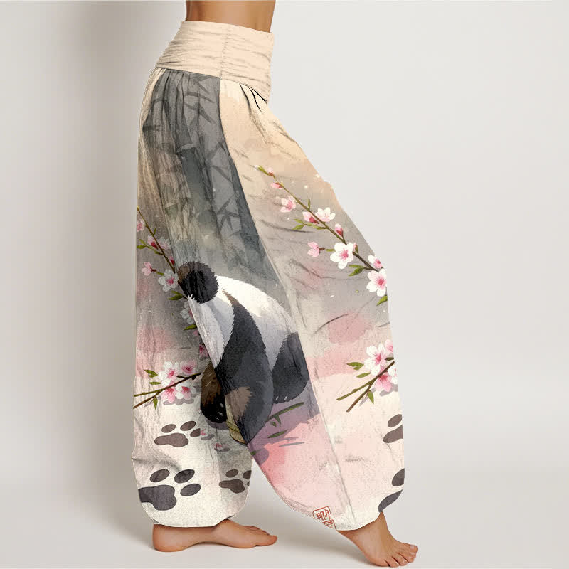Buddha Stones Pantalones harem de algodón puro con estampado de panda y flores de bambú para mujer con cintura elástica. - image 2