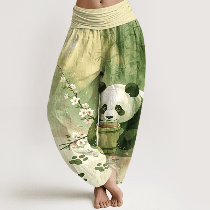 Buddha Stones Pantalones harem de algodón puro con estampado de panda y flores de bambú para mujer con cintura elástica. - Verde amarillento - US16，UK/AU20，EU48 (3XL) - image 5