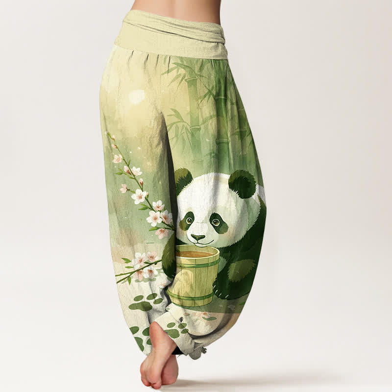 Buddha Stones Pantalones harem de algodón puro con estampado de panda y flores de bambú para mujer con cintura elástica. - image 6
