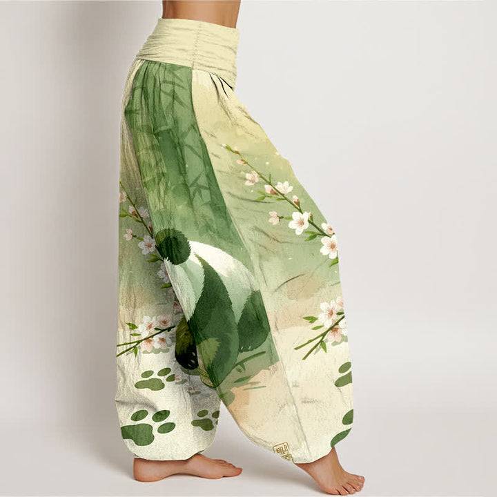 Buddha Stones Pantalones harem de algodón puro con estampado de panda y flores de bambú para mujer con cintura elástica. - image 7