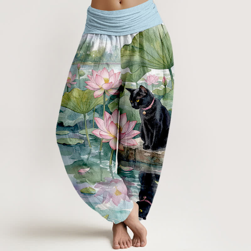 Buddha Stones Pantalones harem de algodón puro con estampado de loto y gato negro para mujer con cintura elástica. - Azul claro - US16，UK/AU20，EU48 (3XL) - image 0