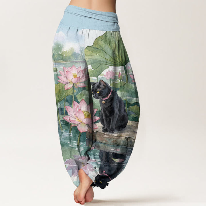 Buddha Stones Pantalones harem de algodón puro con estampado de loto y gato negro para mujer con cintura elástica. - image 1