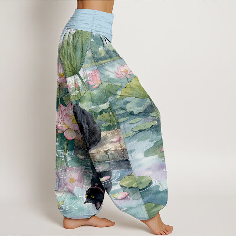 Buddha Stones Pantalones harem de algodón puro con estampado de loto y gato negro para mujer con cintura elástica. - image 2