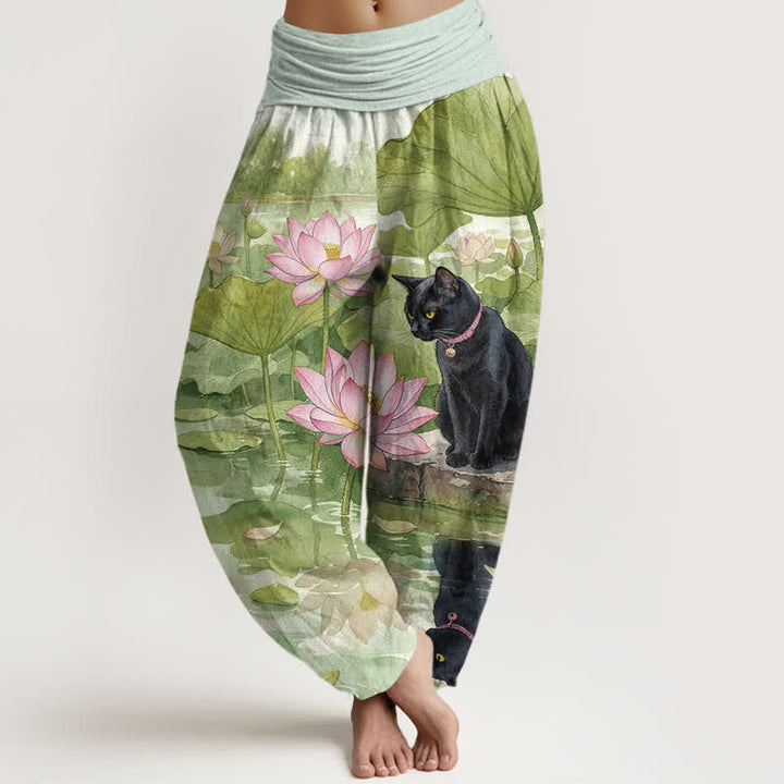Buddha Stones Pantalones harem de algodón puro con estampado de loto y gato negro para mujer con cintura elástica. - Verde amarillento - US16，UK/AU20，EU48 (3XL) - image 5