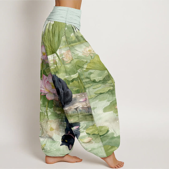 Buddha Stones Pantalones harem de algodón puro con estampado de loto y gato negro para mujer con cintura elástica. - image 7