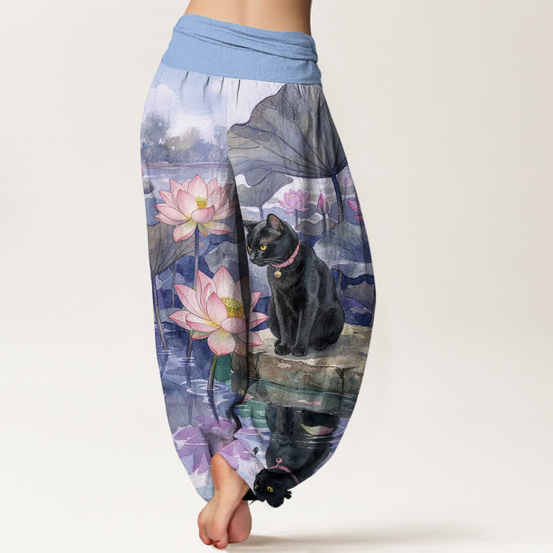 Buddha Stones Pantalones harem de algodón puro con estampado de loto y gato negro para mujer con cintura elástica. - image 9
