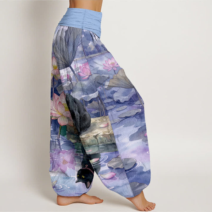 Buddha Stones Pantalones harem de algodón puro con estampado de loto y gato negro para mujer con cintura elástica. - image 10