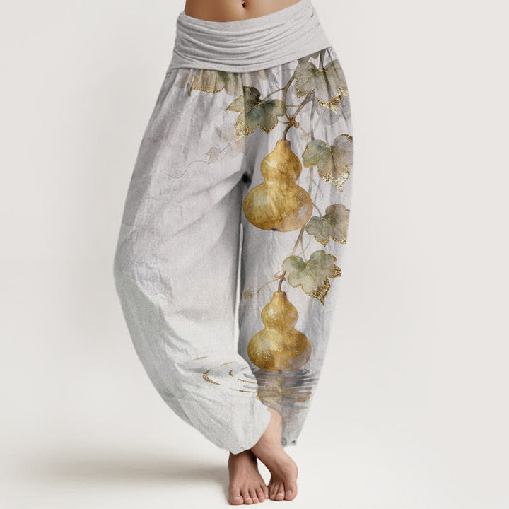 Buddha Stones Pantalones harem de algodón con estampado de hojas de calabaza dorada para mujer con cintura elástica. - Gainsboro - US16，UK/AU20，EU48 (3XL) - image 5