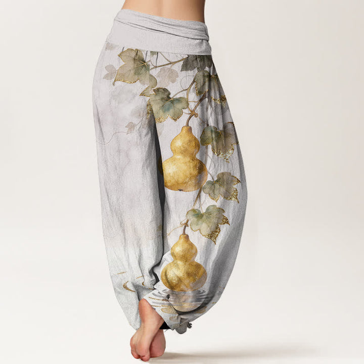 Buddha Stones Pantalones harem de algodón con estampado de hojas de calabaza dorada para mujer con cintura elástica. - image 6
