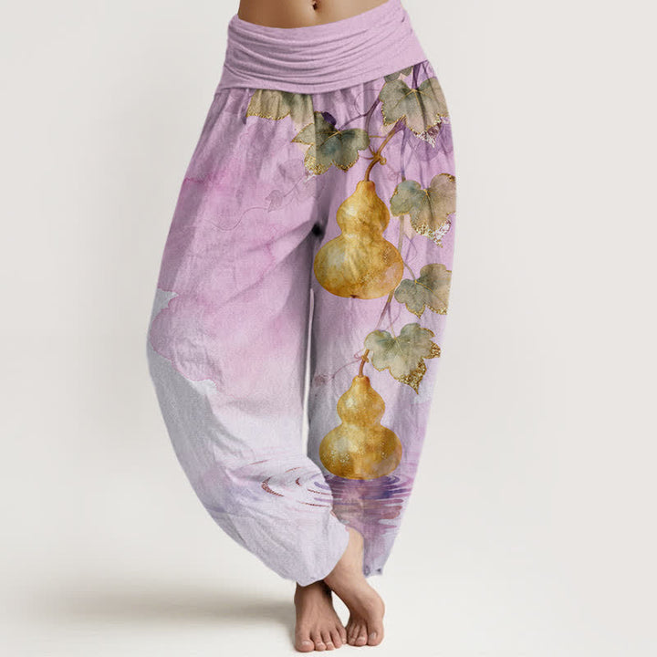Buddha Stones Pantalones harem de algodón con estampado de hojas de calabaza dorada para mujer con cintura elástica. - Ciruela - US16，UK/AU20，EU48 (3XL) - image 8