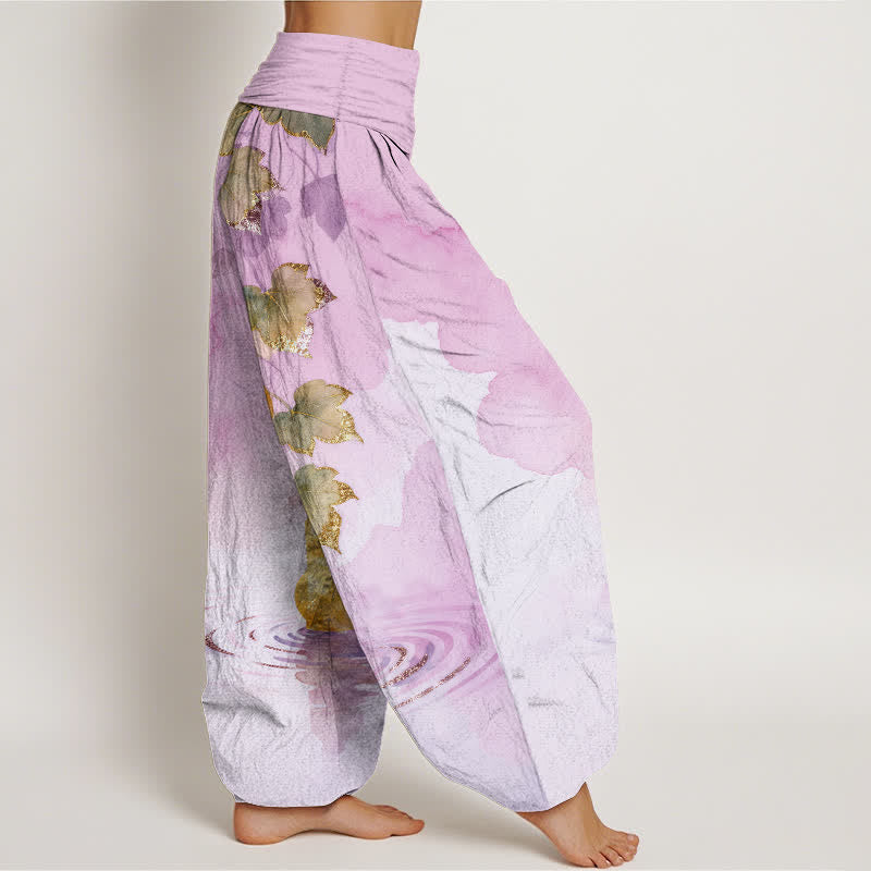 Buddha Stones Pantalones harem de algodón con estampado de hojas de calabaza dorada para mujer con cintura elástica. - image 10