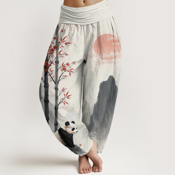 Buddha Stones Pantalones harem de mujer con cintura elástica y estampado de panda de bambú y tinta de algodón. - Beige - US16，UK/AU20，EU48 (3XL) - image 0