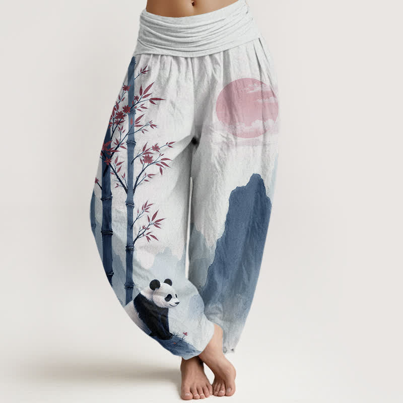 Buddha Stones Pantalones harem de mujer con cintura elástica y estampado de panda de bambú y tinta de algodón. - Humo blanco - US16，UK/AU20，EU48 (3XL) - image 5