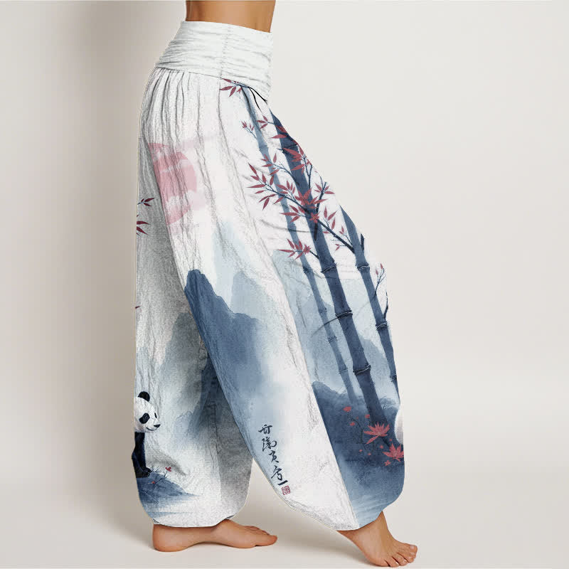 Buddha Stones Pantalones harem de mujer con cintura elástica y estampado de panda de bambú y tinta de algodón. - image 7