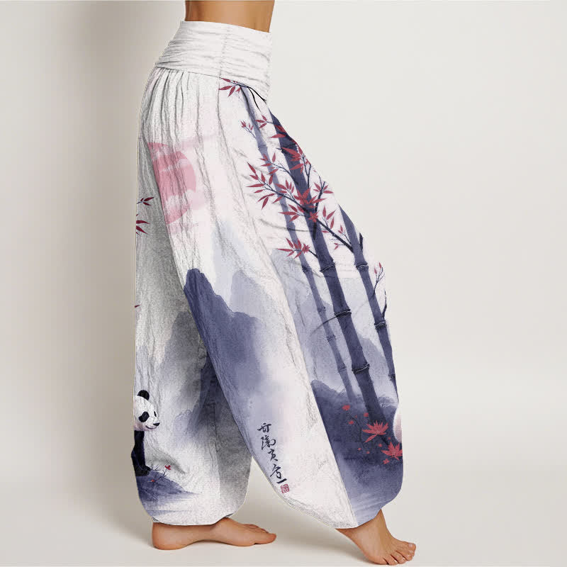 Buddha Stones Pantalones harem de mujer con cintura elástica y estampado de panda de bambú y tinta de algodón. - image 10