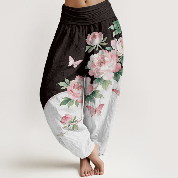 Buddha Stones Pantalones harem de algodón puro con estampado floral de mariposas para mujer con cintura elástica. - Negro - US16，UK/AU20，EU48 (3XL) - image 0