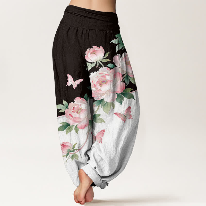Buddha Stones Pantalones harem de algodón puro con estampado floral de mariposas para mujer con cintura elástica. - image 1