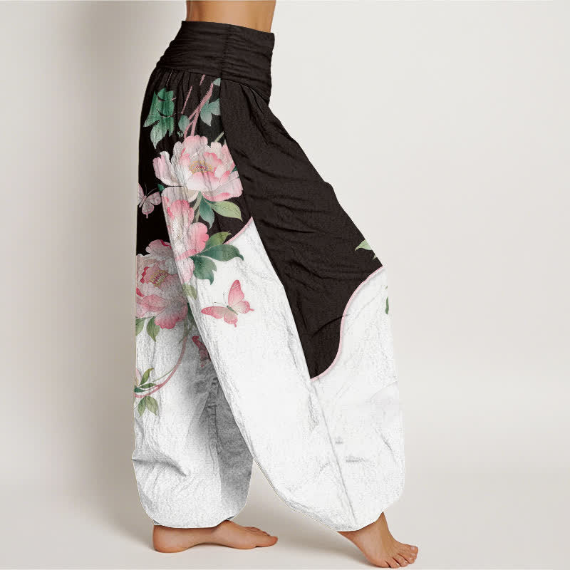 Buddha Stones Pantalones harem de algodón puro con estampado floral de mariposas para mujer con cintura elástica. - image 2