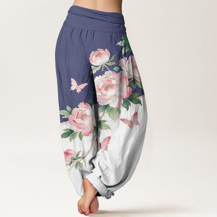 Buddha Stones Pantalones harem de algodón puro con estampado floral de mariposas para mujer con cintura elástica. - image 9