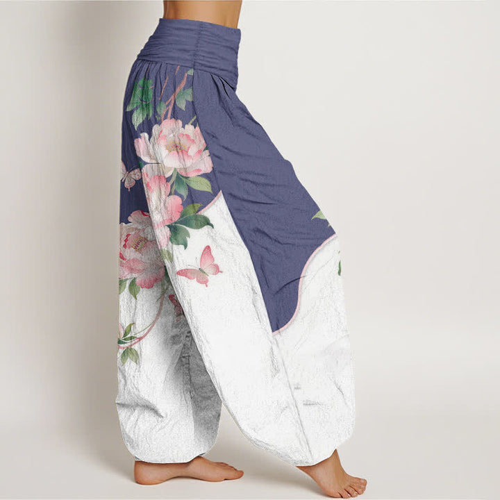 Buddha Stones Pantalones harem de algodón puro con estampado floral de mariposas para mujer con cintura elástica. - image 10