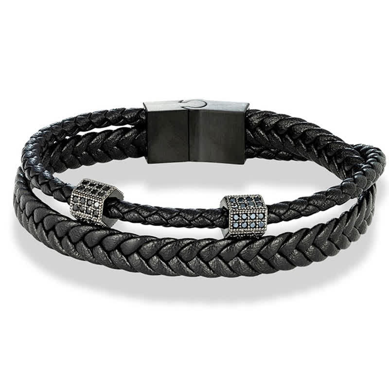 Buddha Stones Pulsera multi-envoltura de acero de titanio trenzado y tejido a mano en cuero negro - image 3