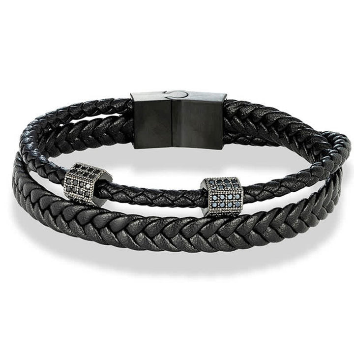 Buddha Stones Pulsera multi-envoltura de acero de titanio trenzado y tejido a mano en cuero negro - image 3