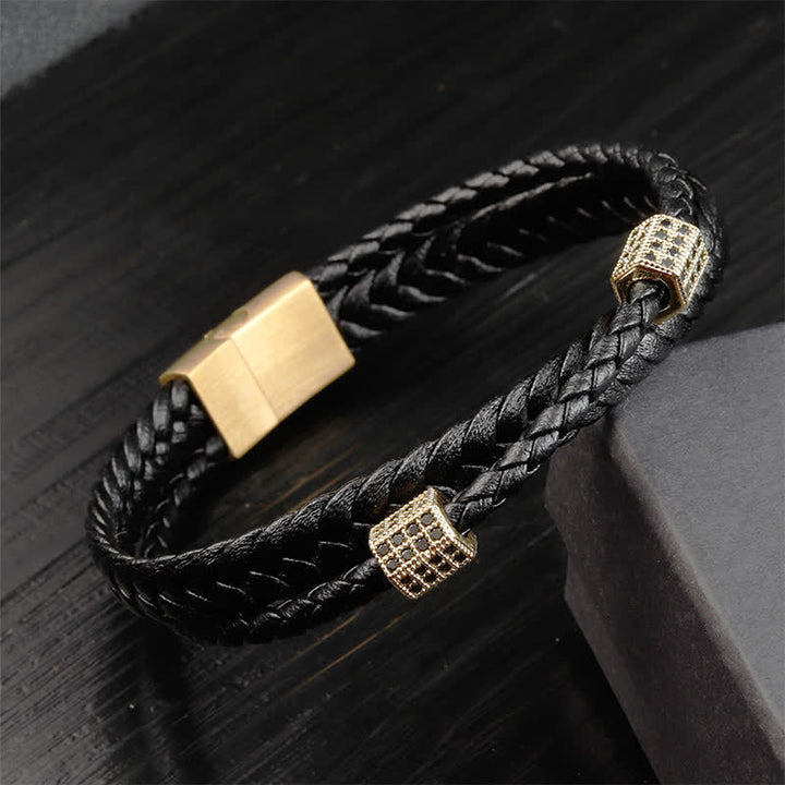 Buddha Stones Pulsera multi-envoltura de acero de titanio trenzado y tejido a mano en cuero negro - Oro - image 7
