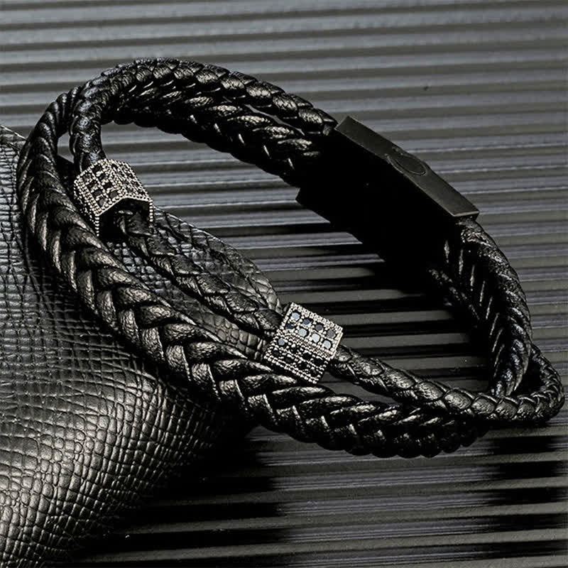 Buddha Stones Pulsera multi-envoltura de acero de titanio trenzado y tejido a mano en cuero negro - image 2