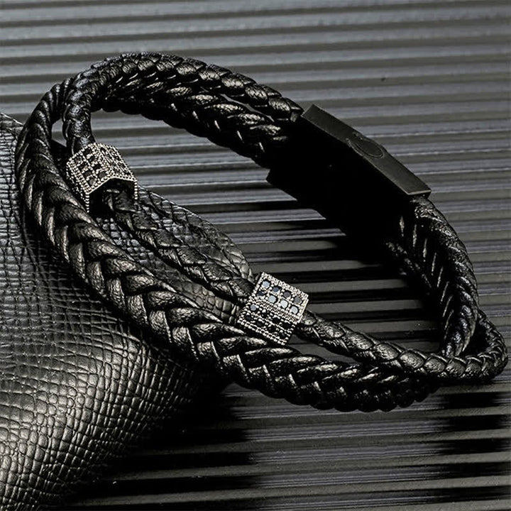 Buddha Stones Pulsera multi-envoltura de acero de titanio trenzado y tejido a mano en cuero negro - image 2